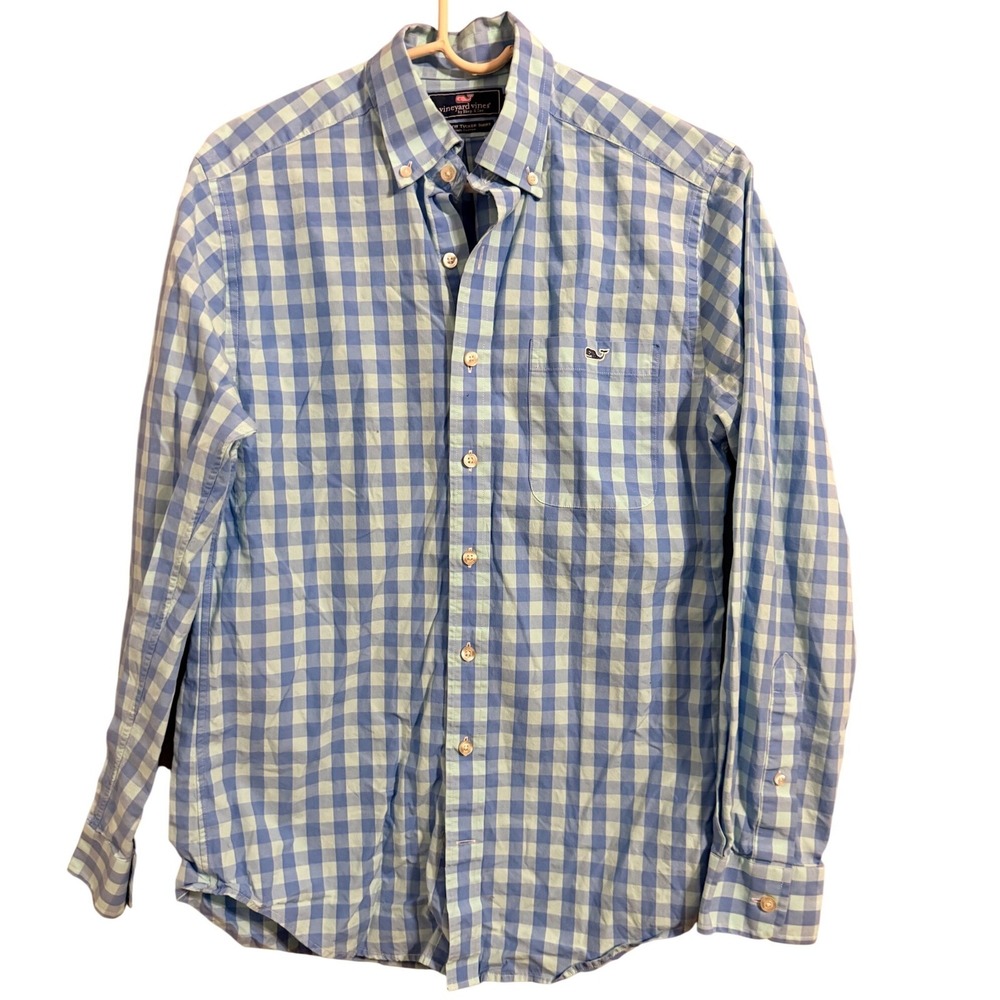 Vineyard Vines Button Down Shirt‎ Mens Small Blue Gingham Slim Fit Tucker Cotton